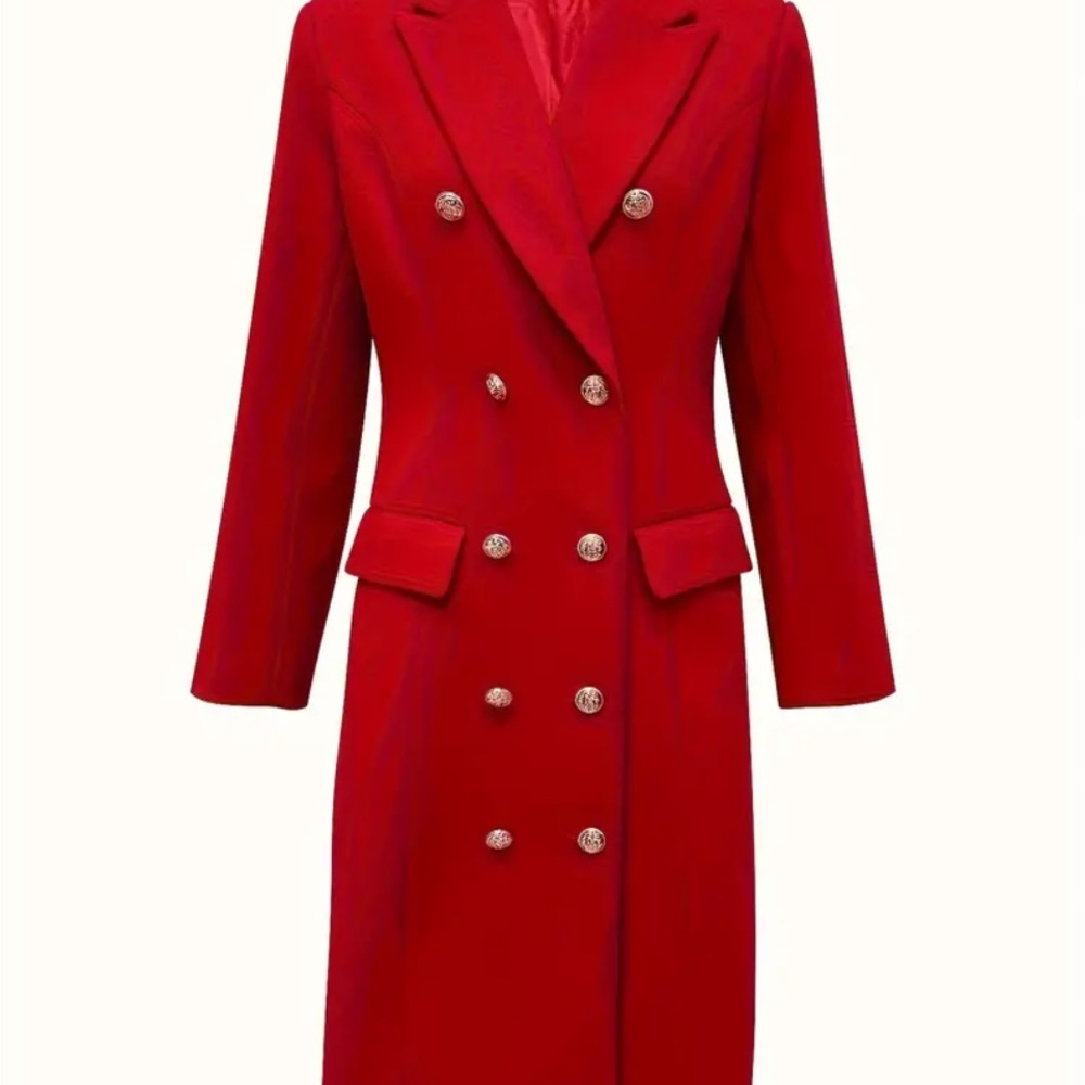 NWT Double-breasted Lapel Coat, Elegant Solid Long Sleeve Knee Length Coat - Picture 2 of 5